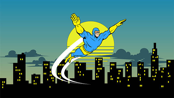 A golden age comic style vector illustration of a superhero flying in the air with city skyline in the background, front view. Easy to edit. Wide space available for your copy. No generative AI was used.