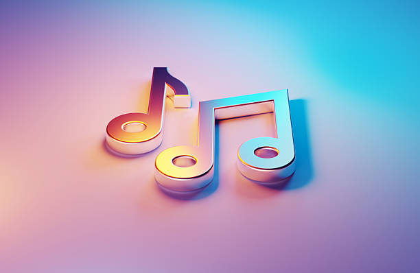 istock Metallic Musical Note Symbols Illuminated By Blue And Magenta Lights On Blue Background 2243790391