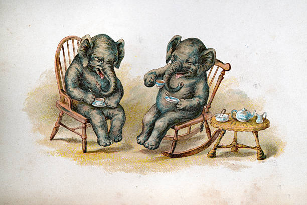 Two elephants drinking afternoon tea, rocking chair, Victorian children's book illustration, 19th Century