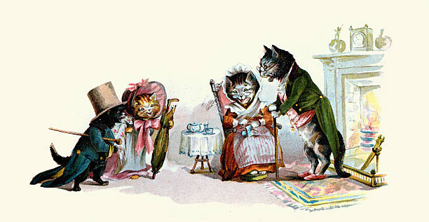 Mr and Mrs Cat and their kittens at home, Cats dressed as humans, Victorian children's book illustration, 19th Century