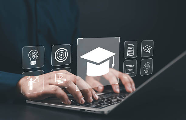 istock Person typing on laptop with digital graduation cap icon, symbolizing online education, e-learning, knowledge sharing, virtual classroom, and modern technology in digital learning and professional 2243798548
