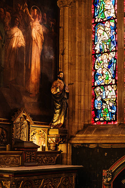One of the stained glass windows inside the Temple Church, Inner Temple, City of London.