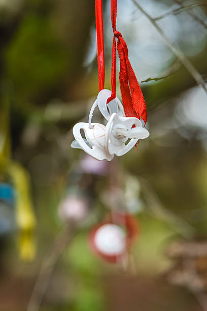 istock Colorful pacifiers hang cheerfully on ribbons in a tranquil forest setting during spring afternoons, creating a whimsical and playful atmosphere 2243802070