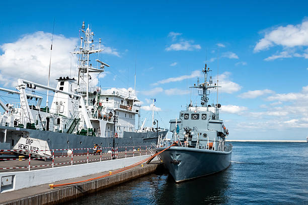 Australian Navy ship dock at Sydney Harbour, full frame horizontal composition, white background with copy space