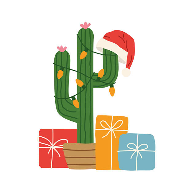 istock cactus as a christmas tree with light bulbs, Santa Claus hat and presents 2243805219
