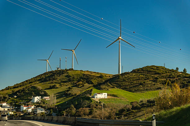 Wind turbine in a natural landscape in Lisbon, Portugal