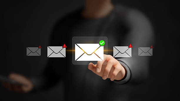 istock Filter spam alerts, email hacking and spam warning, email security threats, online protection and cybersecurity concept. Businessman touching safe email notification on virtual screen. 3D illustration 2243806860