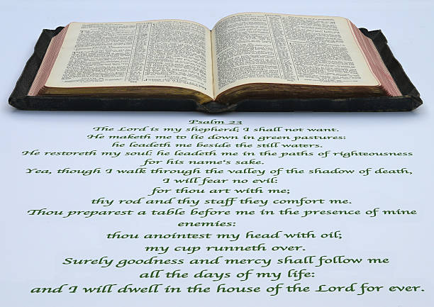 Open bible at Psalm 23 with full text written out below in a sombre green ornate font