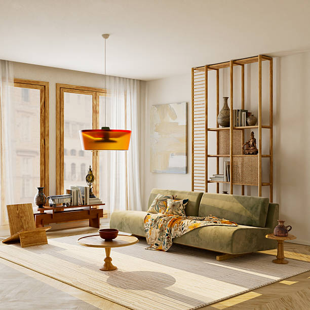 istock Spacious wide-angle Japandi interior with warm wooden accents and elegant negative space, perfect for text, copy, poster or editorial placement. 3D illustration. 2243809955