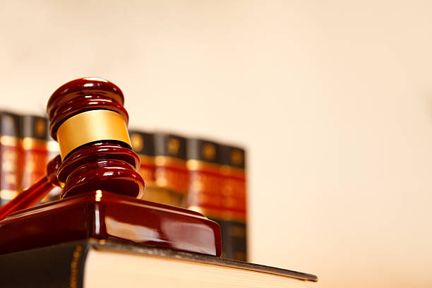 A gavel rests on top of a law book with a row of law books in the background.