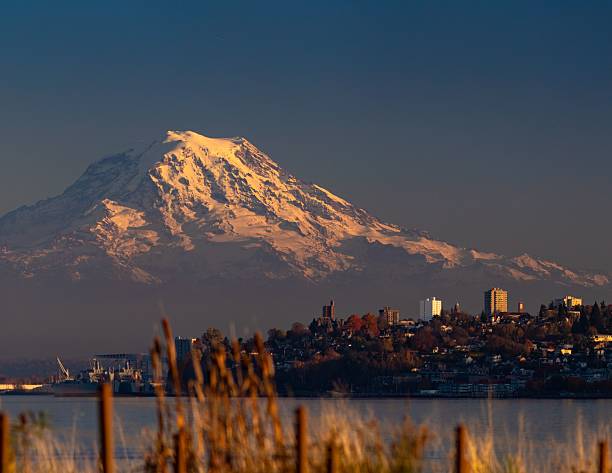 Scenic view of Mount Rainier with Tacoma cityscape in the foreground during a clear day.