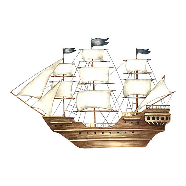 An old ship with sails. Hand-drawn watercolor illustrations. Color image. Isolate. For children s games and celebrations. For stickers, invitation cards, posters and banners, packaging, and more