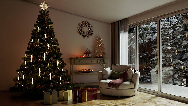 istock Christmas tree Large luxury modern bright interiors Living room mockup illustration 3D rendering image 2243824254