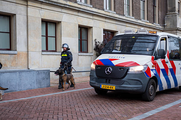 Dutch police officer and k9 working with a police van on a street patrol
