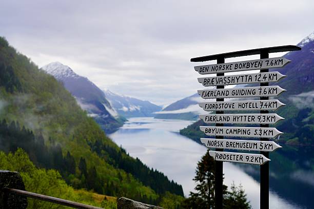 istock Norwegian fjord with directional signpost. 2243826802