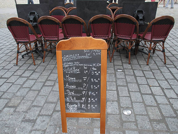 Outdoor restaurant  Menu on slate  Cobbled street