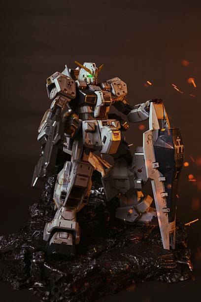 3d render of strong sci-fi mech samurai warrior with white, gray, gold scratched armor metal in floating superhero pose. Concept of big military futuristic robot with heavy armor, blue sky background.
