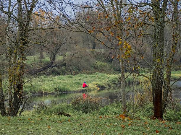 A tranquil yet dynamic view of a blurred fisherman, wearing a bright red jacket, standing on the bank of a narrow creek that winds through a dense forest of muted autumn trees