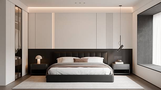 istock Modern Minimalist Luxury Black and White Bedroom Interior Frame Mockup - 3D Render 2243839553