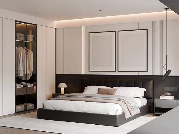 istock Modern Minimalist Luxury Black and White Bedroom Interior Frame Mockup - 3D Render 2243839563