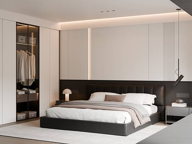 istock Modern Minimalist Luxury Black and White Bedroom Interior Frame Mockup - 3D Render 2243839564