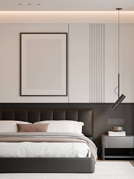 istock Modern Minimalist Luxury Black and White Bedroom Interior Frame Mockup - 3D Render 2243839650