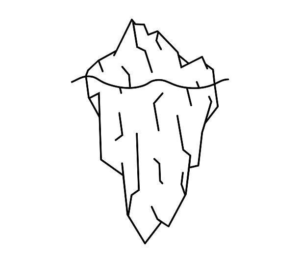 Hand drawn cute outline illustration of iceberg. Flat vector polar ice mountain with underwater part line art sticker doodle. Ice berg infographic or chart. Business analysis icon or print. Isolated.