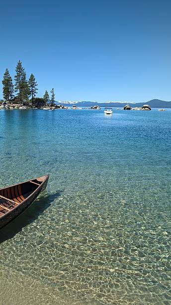 High angle view of a boat in lake tahoe waiting to start its journey
