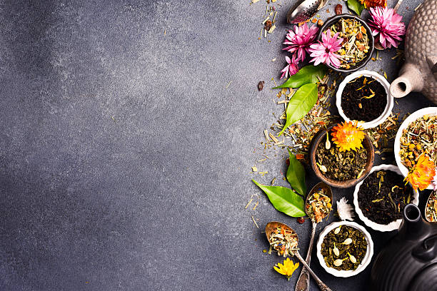istock Tea background. A collection of various teas. Free copy space, flat lay. 2243847988