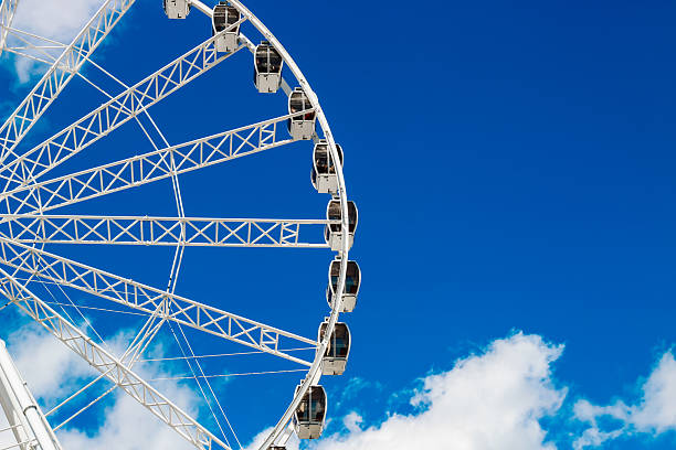 Bright blue sky above a giant ferris wheel with white cabins in an amusement park setting