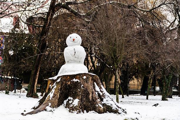 Group of snowman on snow covered residential balcony during snowing