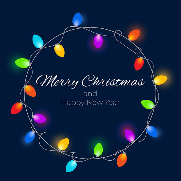 Festive Christmas colorful light garlands Circle frame. Glowing Christmas Lights Wreath for Xmas Holiday Greeting Cards Design. Glowing lights Garlands Xmas Holiday greeting card design.