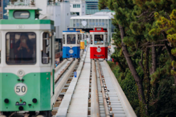 Haeundae Blue Line Park, Busan, ride on multicoloured sky capsule train, railway tram route from Mipo to Cheongsapo station, coastal monorail in Busan, Yeongnam, South Korea, Republic of Korea travel