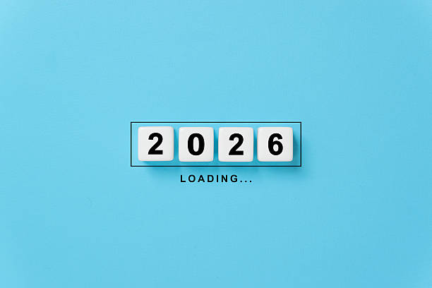 istock 2026 New Year Loading. Loading bar dice 2026 on blue background. Start new year 2026 with goal plan, goal concept, action plan, strategy, new year business vision 2243878177