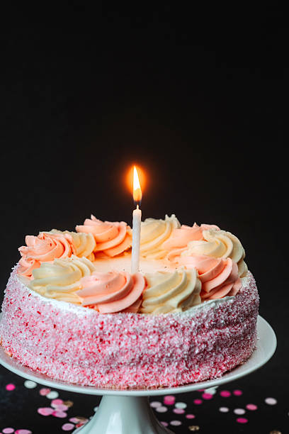 istock Delicate pink birthday cake with candle ready for celebration 2243879581