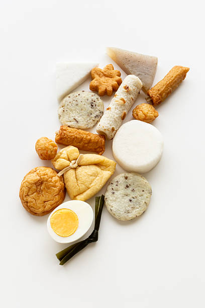Oden ingredients on white background. Japanese stew ingredients.