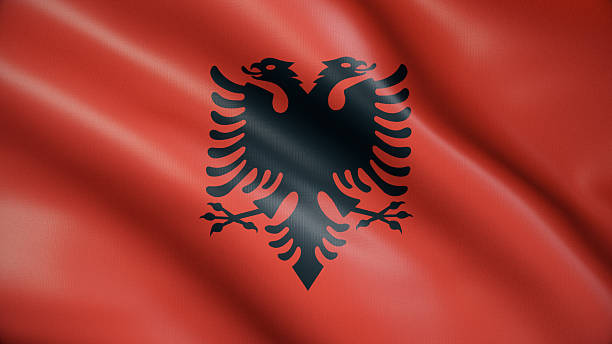 Fluttering silk flag of Albania. Full Screen.