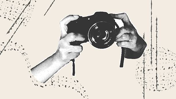 istock Hands holding a camera. A trendy halftone collage with a grainy photocopy effect for flyers, banners, and social media 2243898149