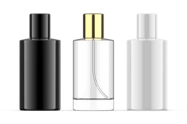 istock Three perfume bottles mockup in glass, matte and glossy finish with metallic and plastic cap. 3D illustration. 2243901421