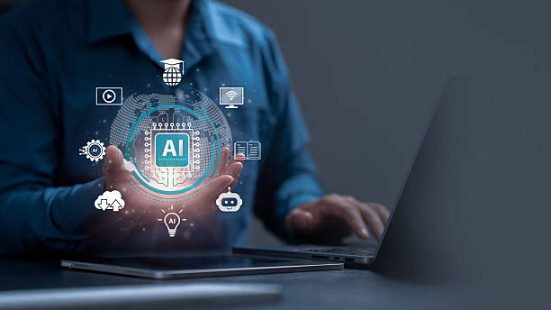 AI education concept. Businessman holding a globe with an AI chip surrounded by e-learning icons. digital transformation. Learning innovation. online courses, machine learning for knowledge. ai Agent.
