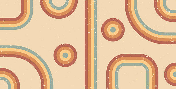Retro rainbow lines and geometric shapes background. Horizontal banner with boho stripes and circles abstract pattern. Vector vintage underline geometric backdrop. Dynamic grunge noise wallpaper.