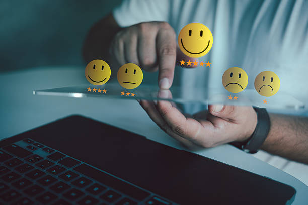 istock Customer review satisfaction feedback survey. Customer pressing smile face and five star for customer review. 2243914826