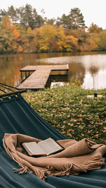 istock Relaxing autumn scene with a book in a hammock by a lake 2243917499
