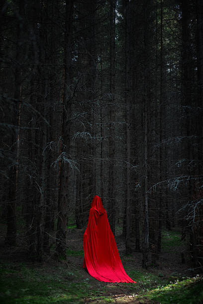istock figure dressed in a flowing red cloak wanders through a dense forest. Tall trees create a gloomy atmosphere as the light fades with twilight approaching 2243922626