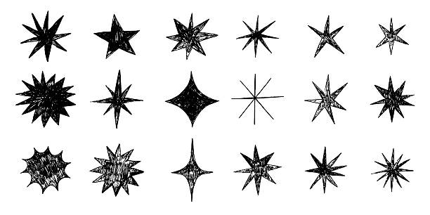Sketch style star shapes drawn with crayon. Kid style doodle stars with shine, sparkles and sparks. Hand drawn childish doodle elements. Shining twinkle sunburst shapes collection. Night sky symbols