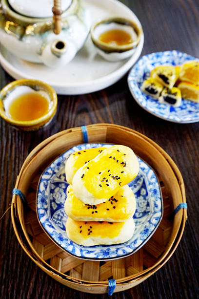 istock Close up of Chinese pastry dessert (Fresh milk mooncakes) with tea 2243924982