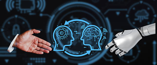 istock Human-AI Collaboration: Robot and Businessman Handshake with Futuristic Interface 2243929421