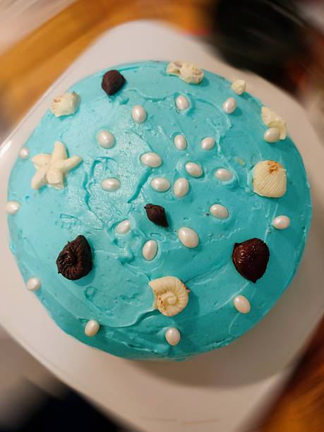A round blue cake in the shape of a seashore with black and white shells. The top view is flat.