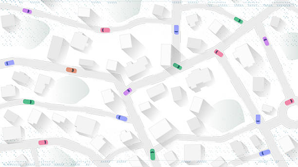istock City map displays colorful vehicles navigating through residential streets and soft building shadows against minimalist white background. Vector illustration 2243933125