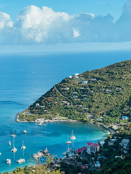 istock Tropical Bay with Boats and Hillside Homes 2243933257